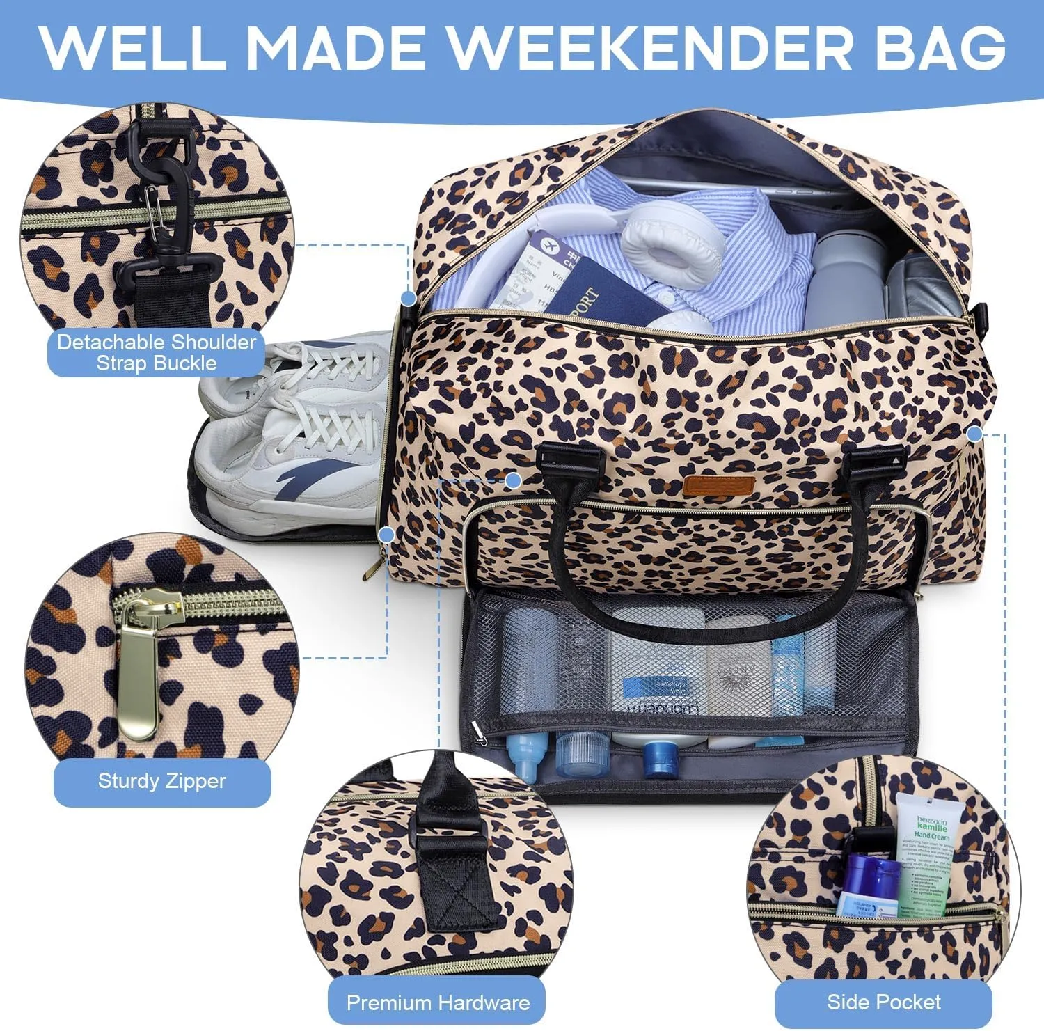 Weekender Bags for Women, LEBFEO Gym Bag for Women with Shoes Compartment, Personal Item Travel Bag, Carry on Overnight Travel Duffel Bag, Hospital Bags for Labor and Delivery, leopard