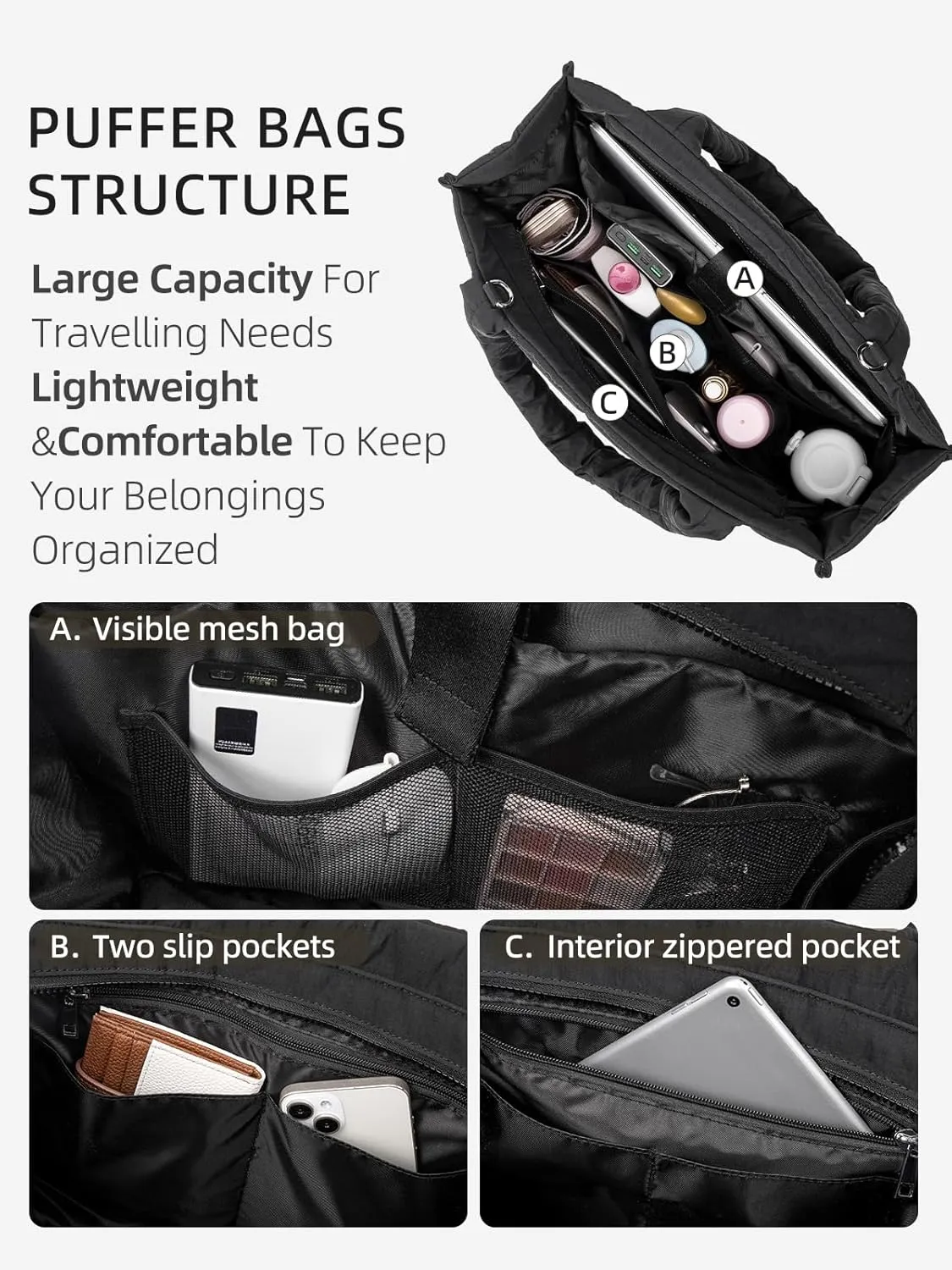 WESTBRONCO Puffer Crossbody bags for Women Puffy Quilted Tote Handbags Nylon Weekender Overnight Bag with Adjustable Strap