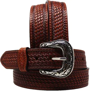 Western 1-1/2" Wide Basket Weave Tooled Full-Grain Brown Leather Belt 26RS09