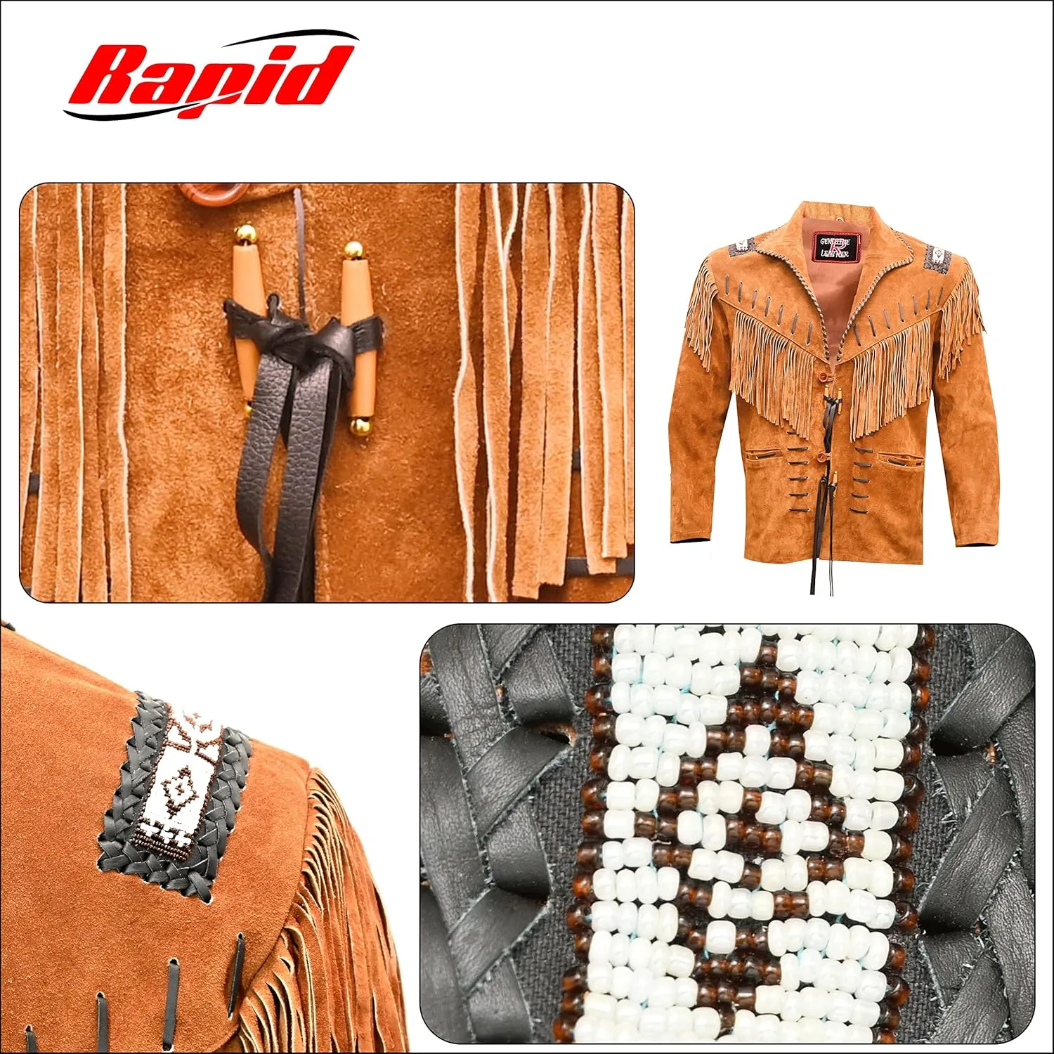Western Cowboy Leather Fashion Jacket For Mens Fringe & Beaded Native American Coat