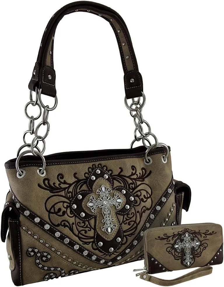 Western Embroidered Concealed Carry Purse/Wallet Set w/Rhinestone Cross