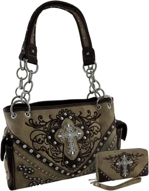 Western Embroidered Concealed Carry Purse/Wallet Set w/Rhinestone Cross