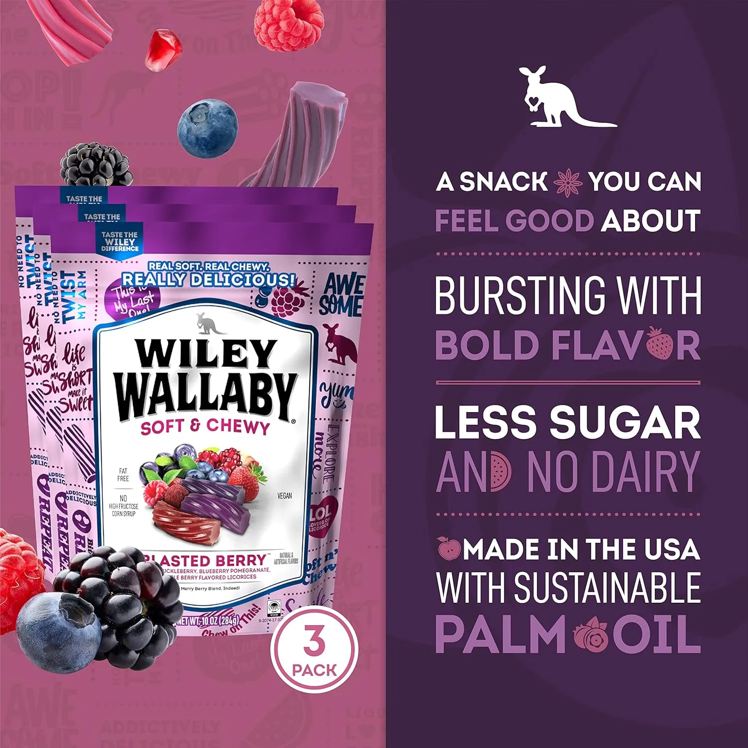 Wiley Wallaby Licorice 10 Ounce Classic Gourmet Soft & Chewy Australian Blasted Berry Candy Twists, 3 Pack
