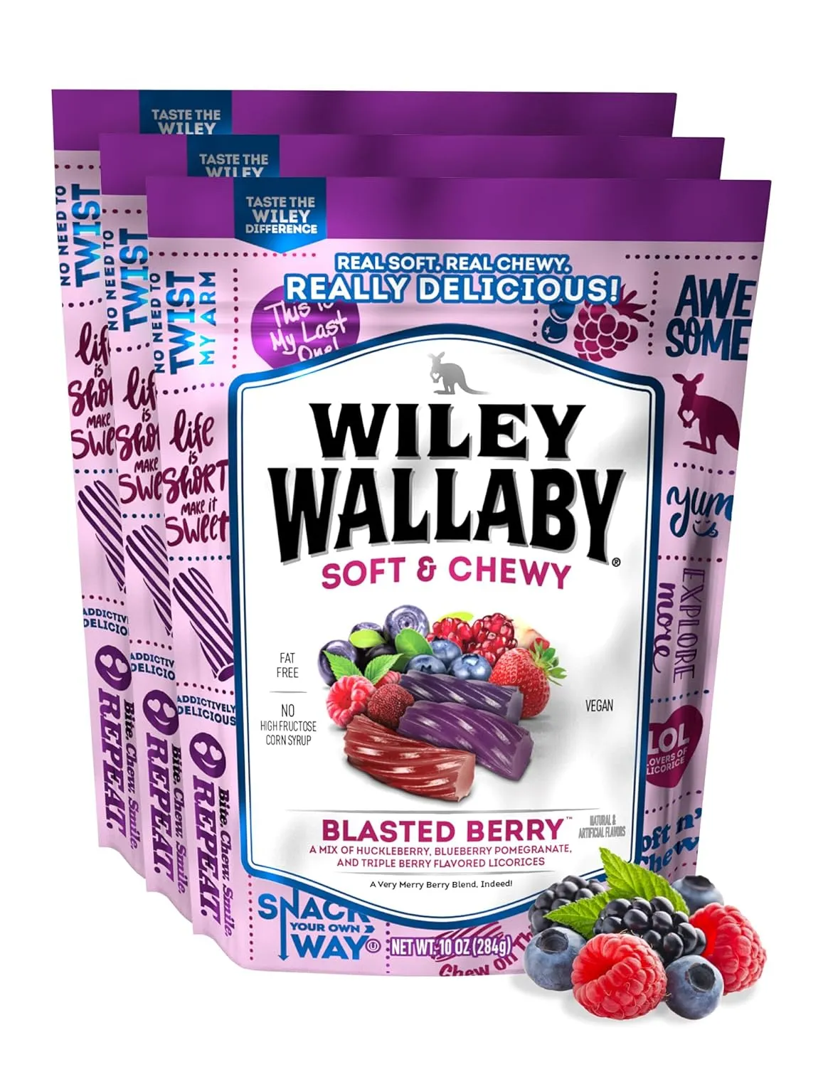 Wiley Wallaby Licorice 10 Ounce Classic Gourmet Soft & Chewy Australian Blasted Berry Candy Twists, 3 Pack