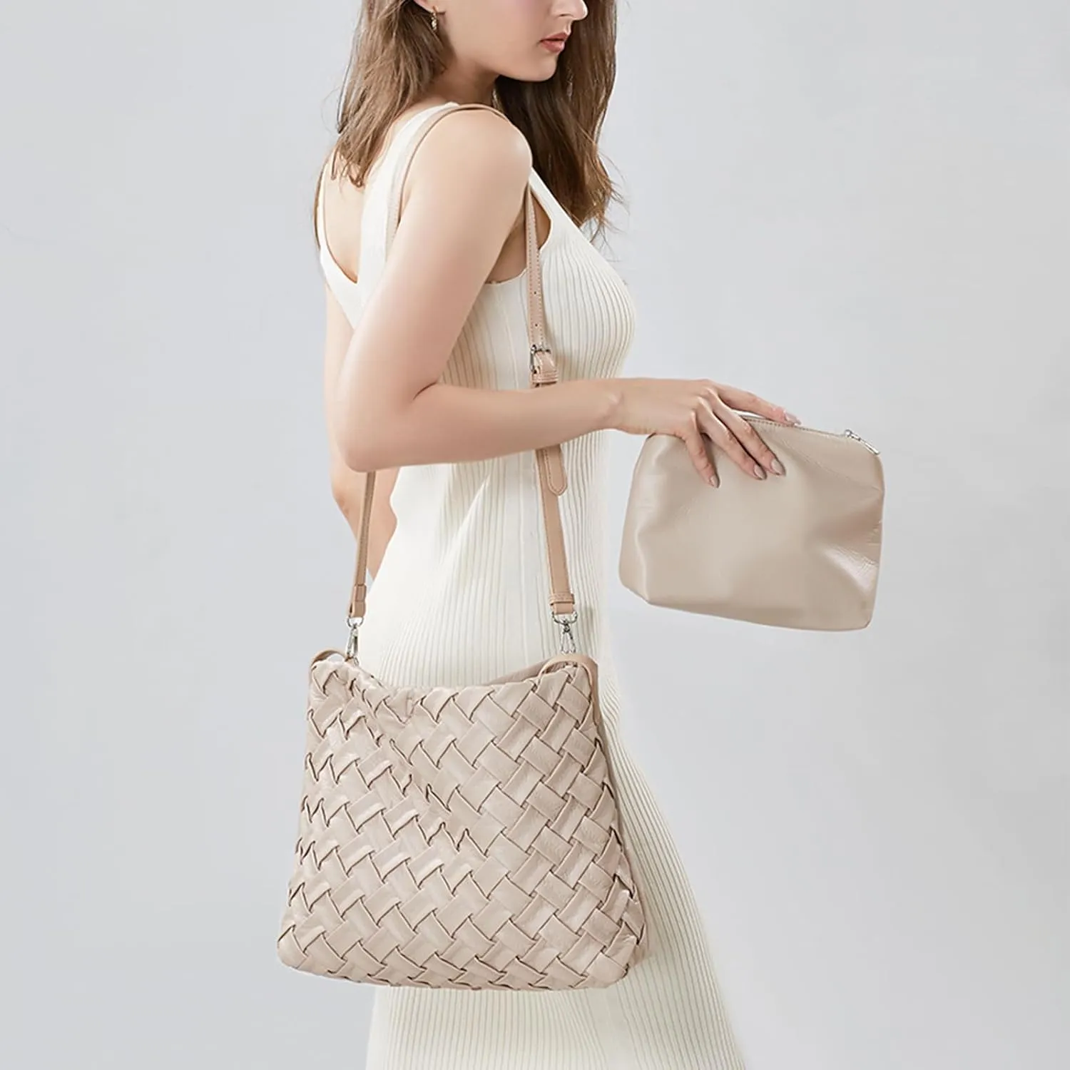 Women Boston Bag Woven Tote Vegan Leather Handbags Female Satchel Messenger Bag Fashion Shoulder Crossbody Bag Casual Hobo