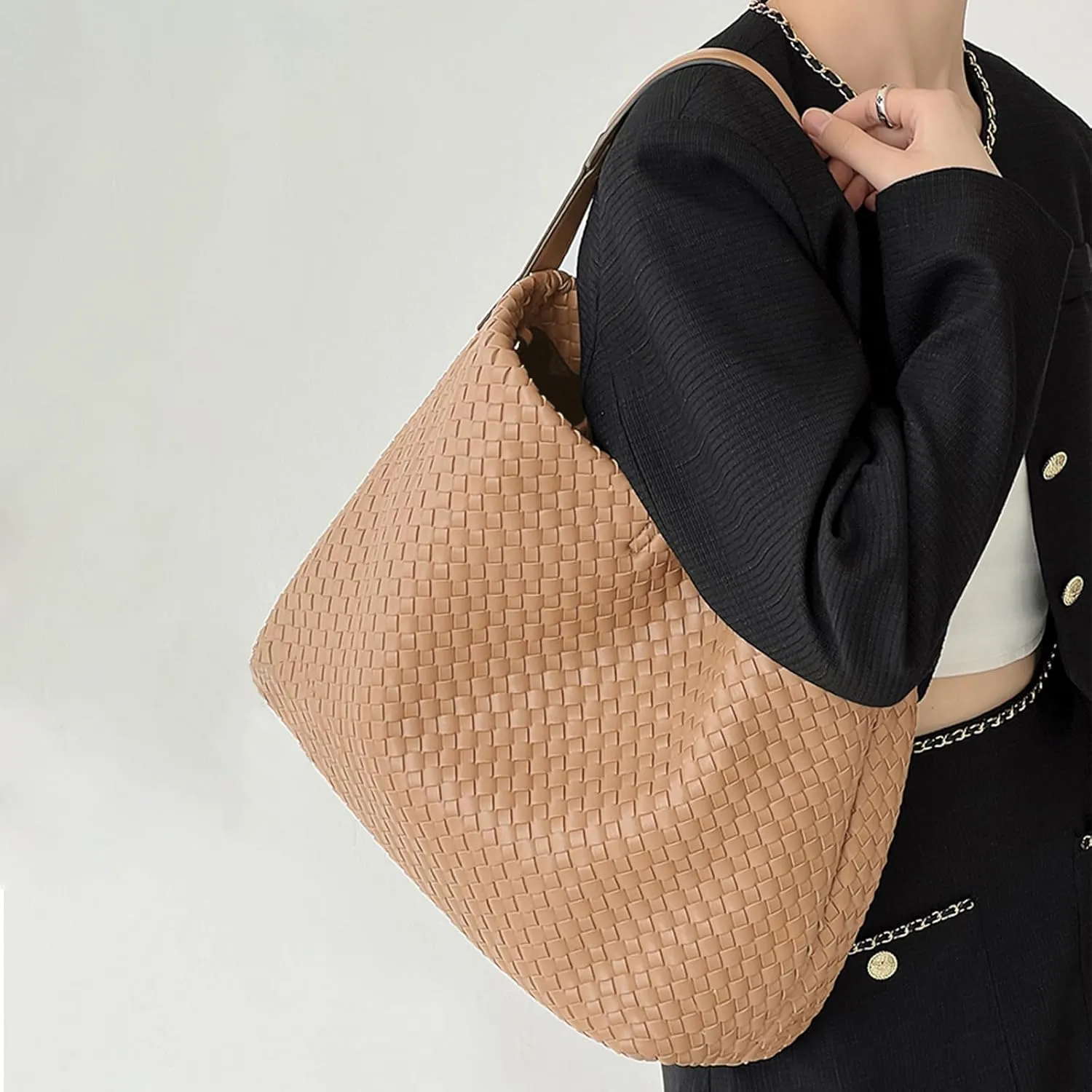 Women Boston Bag Woven Tote Vegan Leather Handbags Female Satchel Messenger Bag Fashion Shoulder Crossbody Bag Casual Hobo