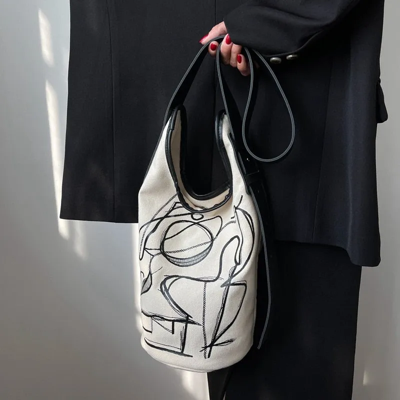 Women Canvas Shoulder Bags Vintage Ins Large Capacity Bucket Bag All-match Crossbody Graffiti Handbags Harajuku Casual Pouch New