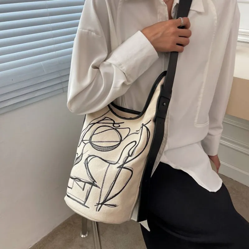 Women Canvas Shoulder Bags Vintage Ins Large Capacity Bucket Bag All-match Crossbody Graffiti Handbags Harajuku Casual Pouch New