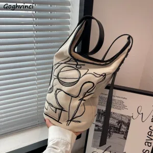 Women Canvas Shoulder Bags Vintage Ins Large Capacity Bucket Bag All-match Crossbody Graffiti Handbags Harajuku Casual Pouch New