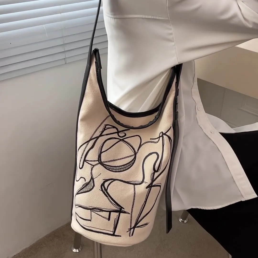 Women Canvas Shoulder Bags Vintage Ins Large Capacity Bucket Bag All-match Crossbody Graffiti Handbags Harajuku Casual Pouch New