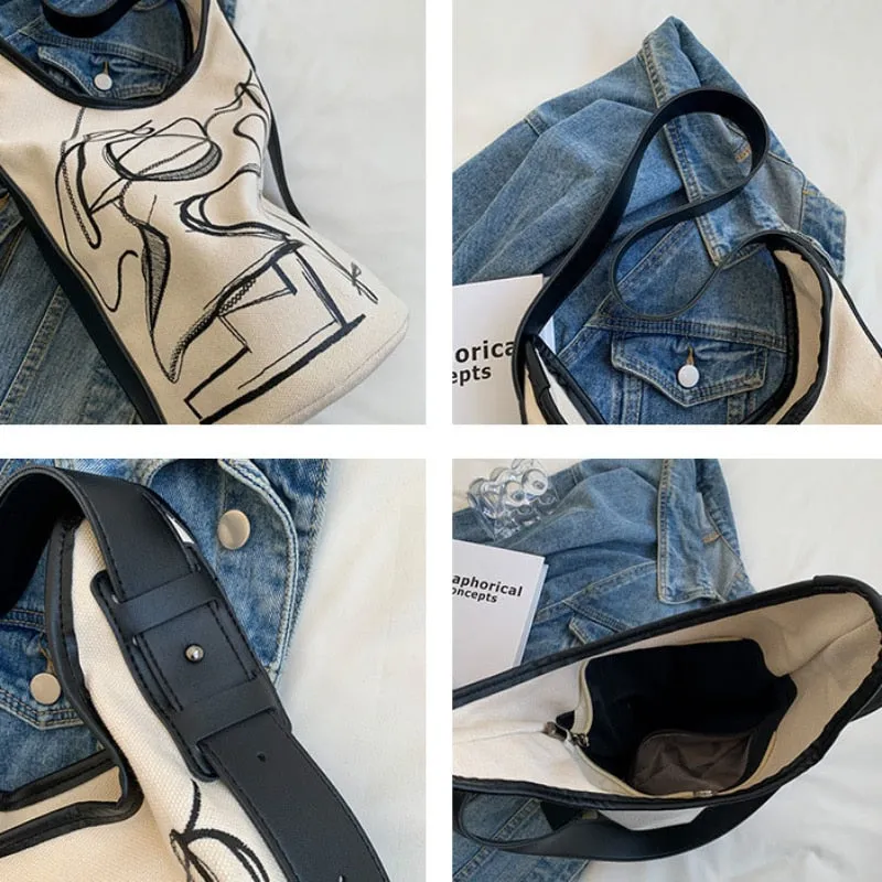Women Canvas Shoulder Bags Vintage Ins Large Capacity Bucket Bag All-match Crossbody Graffiti Handbags Harajuku Casual Pouch New