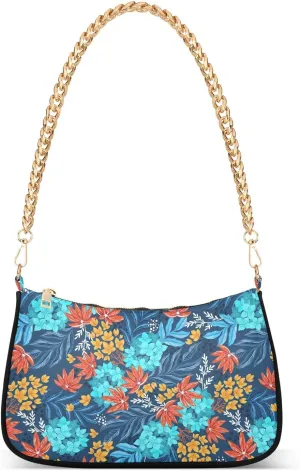 Women Chain Shoulder Purse Bag With Zipper Bright Colors Flowers Print, Colorful Plants Hobo Tote Clutch Handbags with Chain Strap