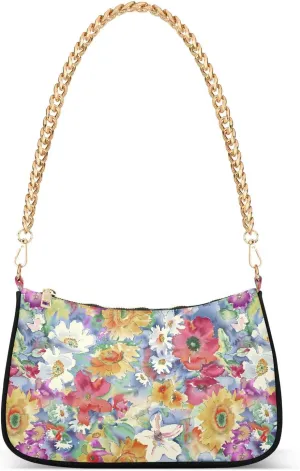 Women Chain Shoulder Purse Bag With Zipper Watercolor Colorful Floral Print, Spring Summer Flowers Hobo Tote Clutch Handbags with Chain Strap