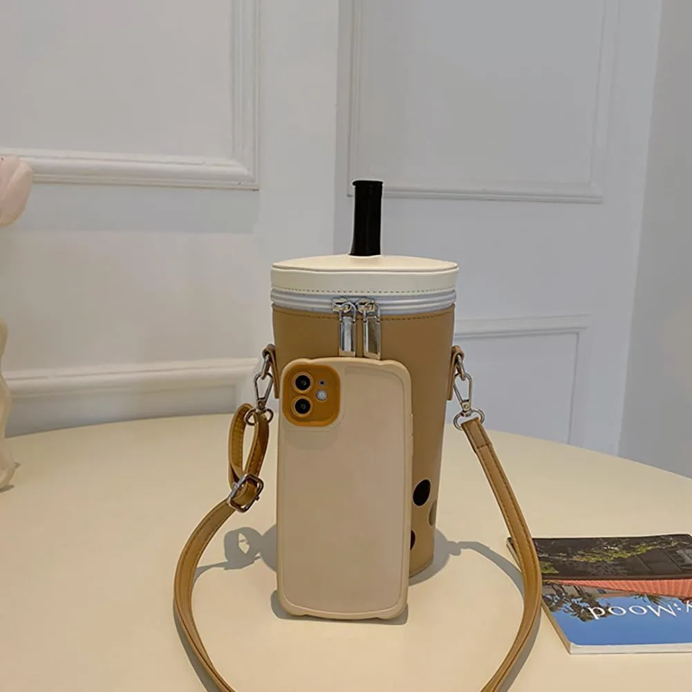 Women Female Polka Dot Milk Tea Cup Bag, Japanese Bucket Shoulder Crossbody Bag, Cute Creative Cylinder Cup Purse With Straw