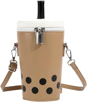 Women Female Polka Dot Milk Tea Cup Bag, Japanese Bucket Shoulder Crossbody Bag, Cute Creative Cylinder Cup Purse With Straw