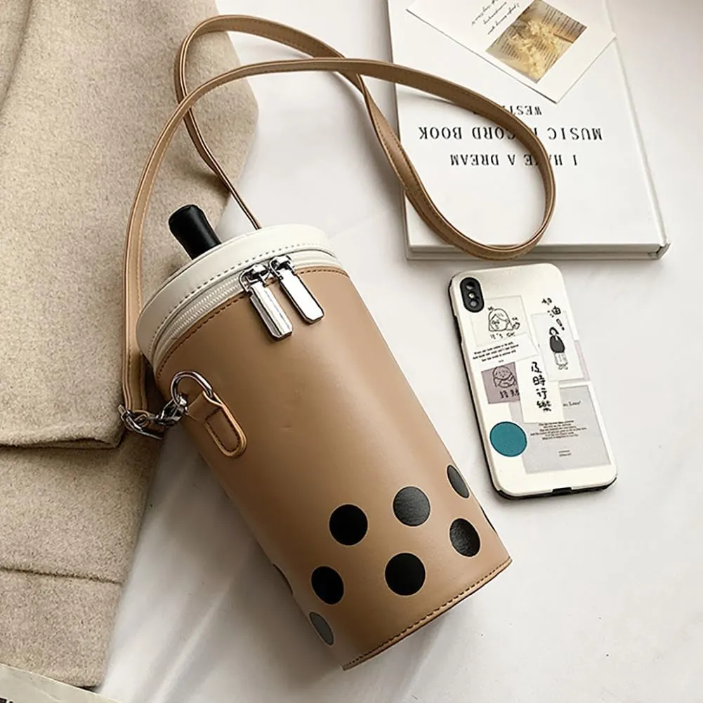 Women Female Polka Dot Milk Tea Cup Bag, Japanese Bucket Shoulder Crossbody Bag, Cute Creative Cylinder Cup Purse With Straw