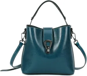 Women Genuine Real Leather Bucket Hobo Handbag, Vintage Fashion Top handle Satchel Crossbody Bag w/ 2 Straps