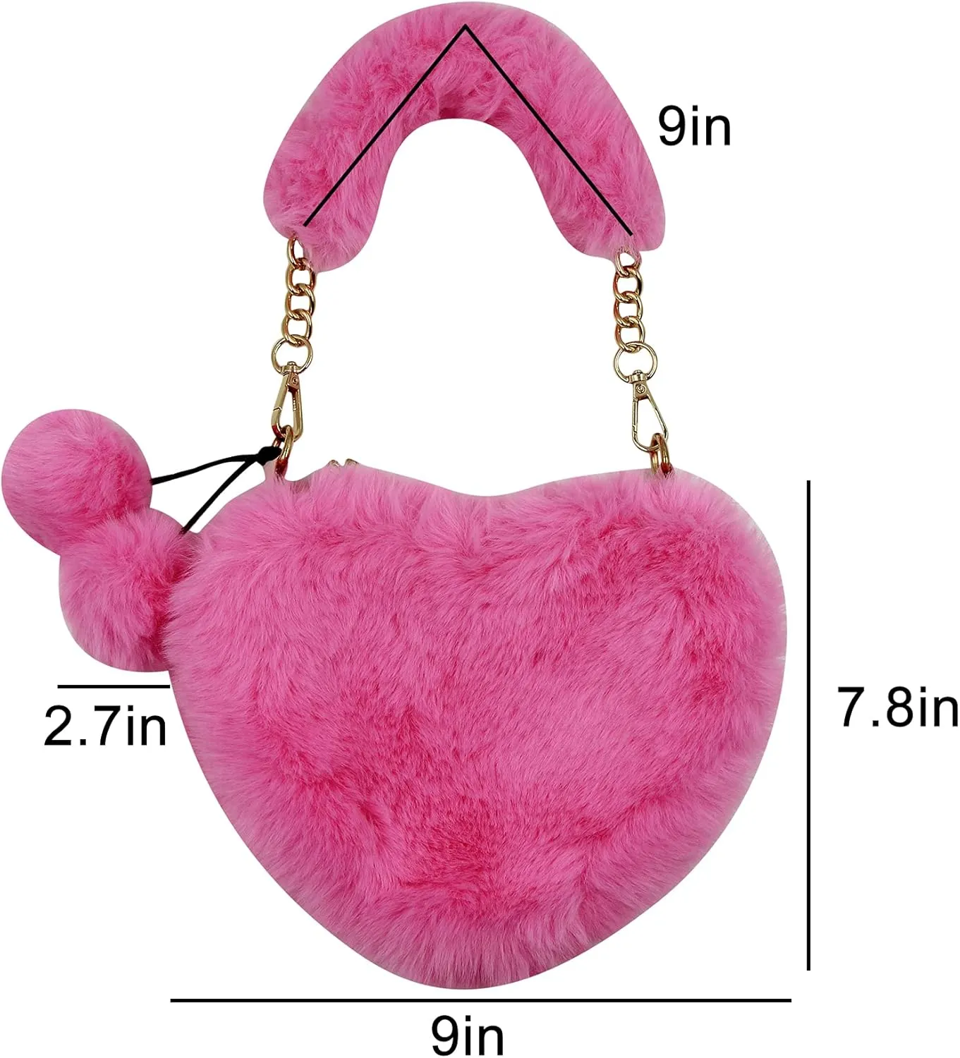 Women Girls Faux Fur Heart Shaped Handbag Plush Shoulder Bag Clutch Purse with Metal Chain Strap