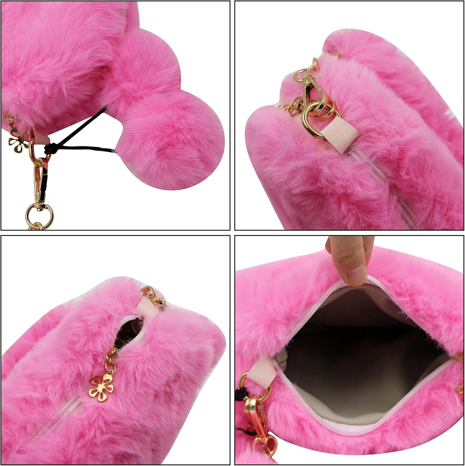 Women Girls Faux Fur Heart Shaped Handbag Plush Shoulder Bag Clutch Purse with Metal Chain Strap