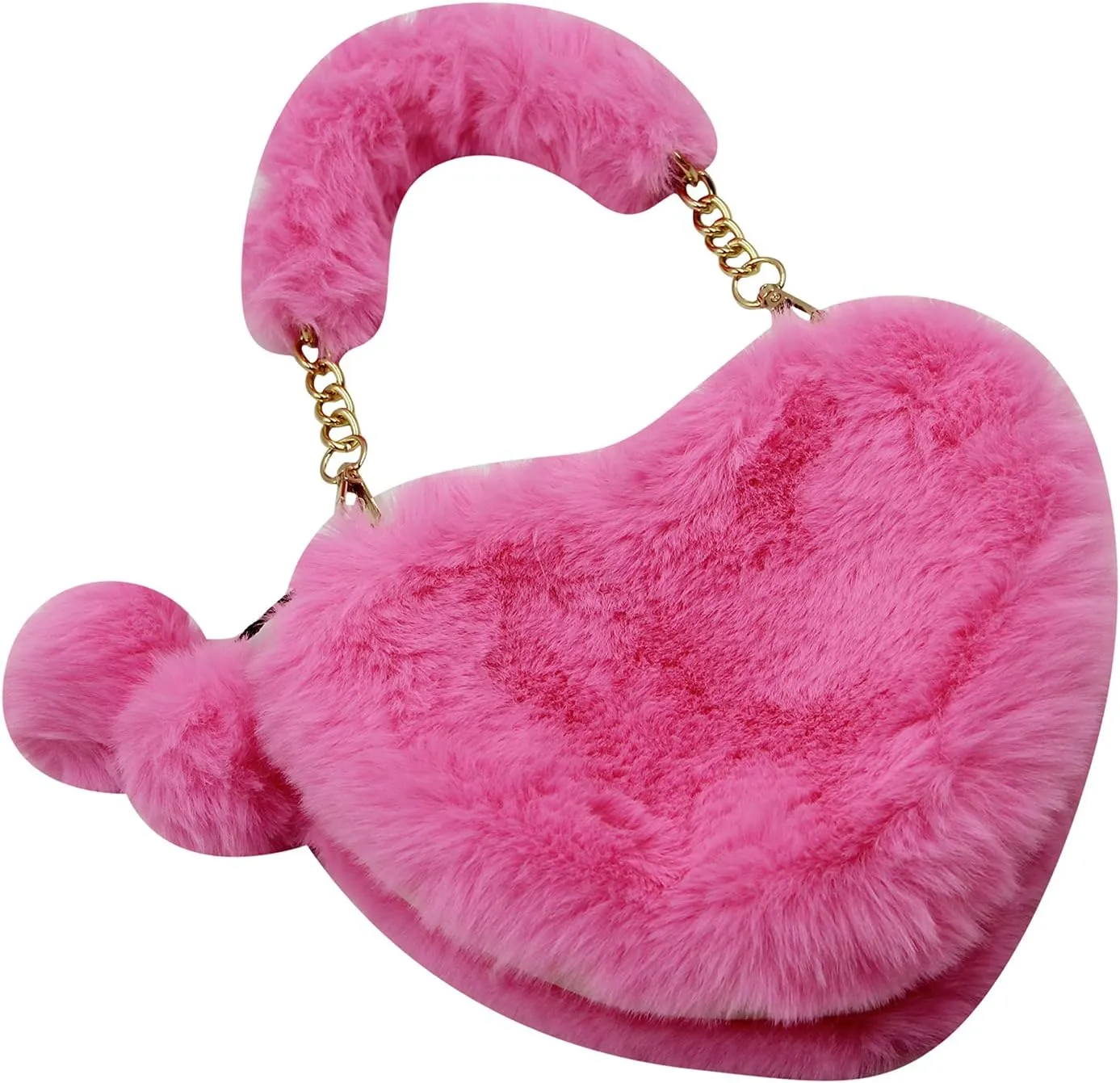 Women Girls Faux Fur Heart Shaped Handbag Plush Shoulder Bag Clutch Purse with Metal Chain Strap
