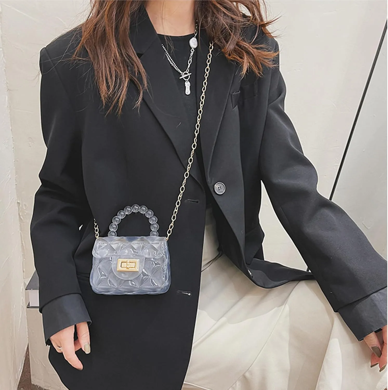 Women Girls Mini Jelly Purse Small Candy Color Jelly Crossbody Bag Cute Princess Shoulder Bag with Pearls Top Handle