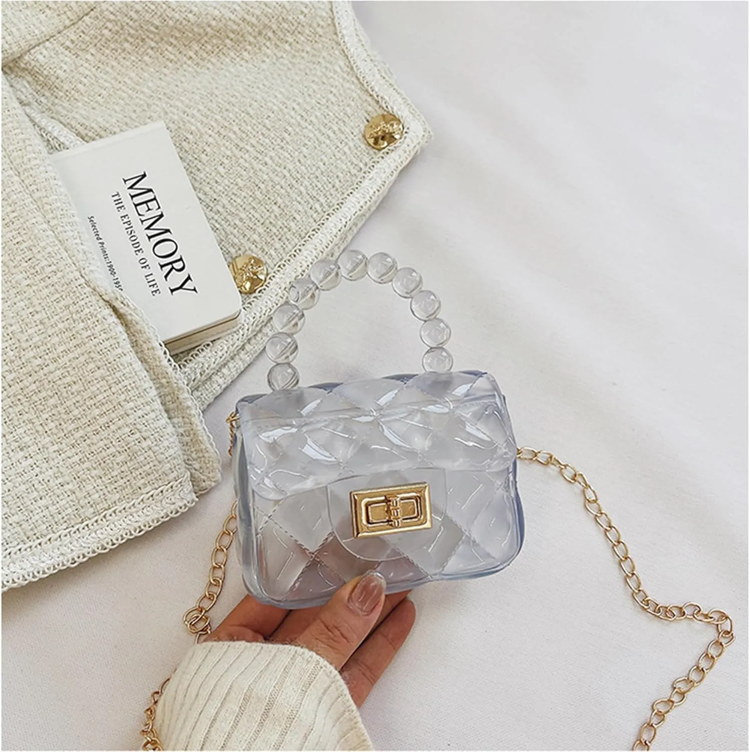 Women Girls Mini Jelly Purse Small Candy Color Jelly Crossbody Bag Cute Princess Shoulder Bag with Pearls Top Handle