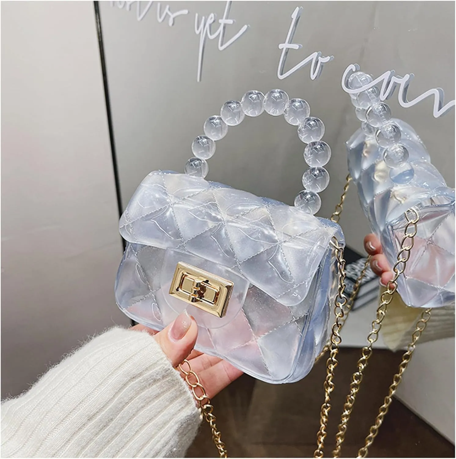 Women Girls Mini Jelly Purse Small Candy Color Jelly Crossbody Bag Cute Princess Shoulder Bag with Pearls Top Handle