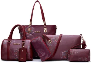 Women Handbag Set 6 Pcs PU Leather Tote Purse Elegant Shoulder Bags and Clutch