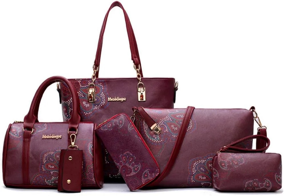 Women Handbag Set 6 Pcs PU Leather Tote Purse Elegant Shoulder Bags and Clutch