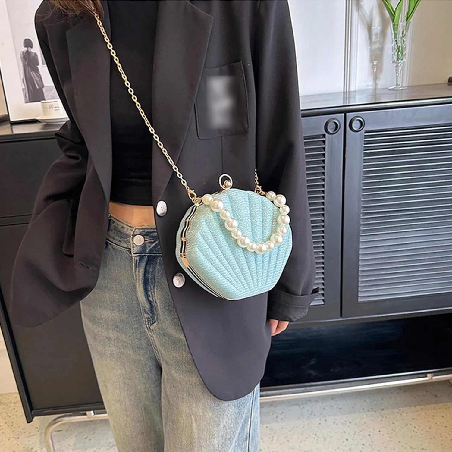 Women Seashell Evening Bag Purse Mermaid Chain Strap Clutch Handbag Shoulder Bag