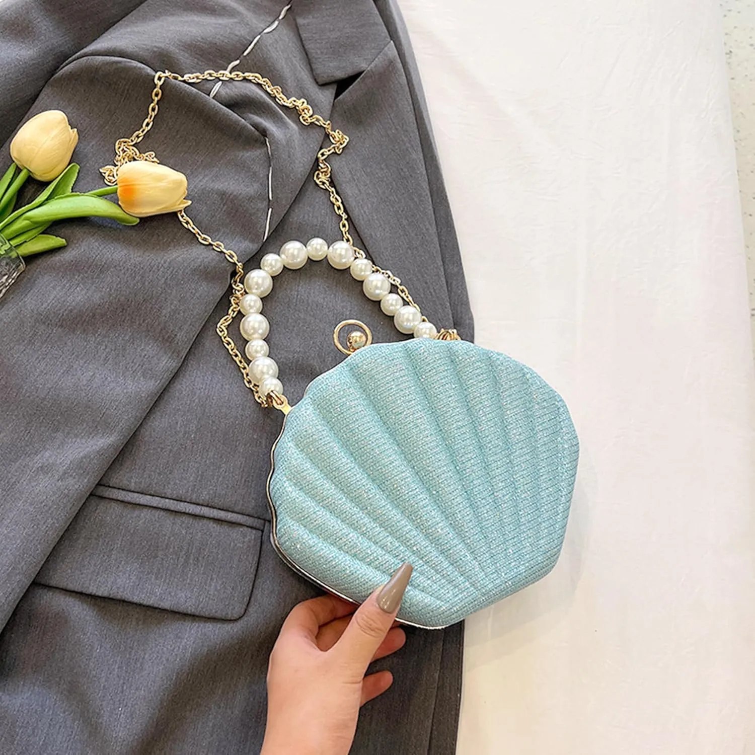 Women Seashell Evening Bag Purse Mermaid Chain Strap Clutch Handbag Shoulder Bag
