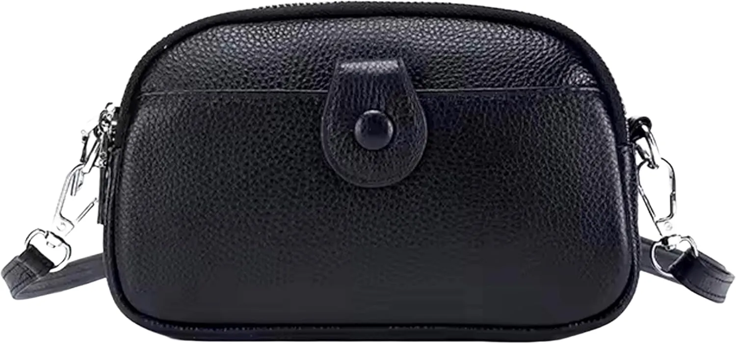 Women Small Genuine Real Leather Crossbody Shoulder Bag, 3 Zipped Compartments 1 Front Pocket