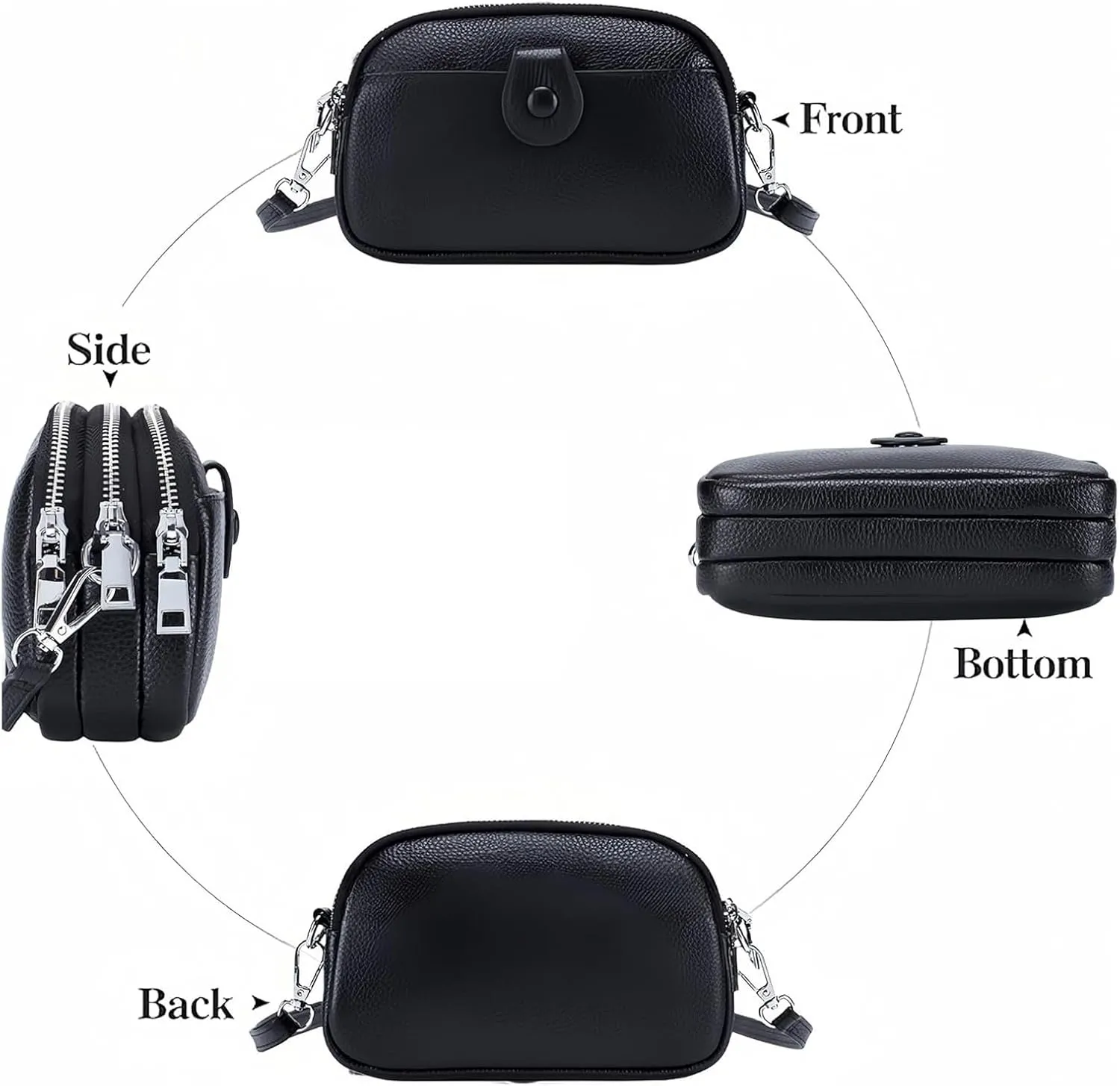 Women Small Genuine Real Leather Crossbody Shoulder Bag, 3 Zipped Compartments 1 Front Pocket