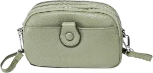 Women Small Genuine Real Leather Crossbody Shoulder Bag, 3 Zipped Compartments 1 Front Pocket