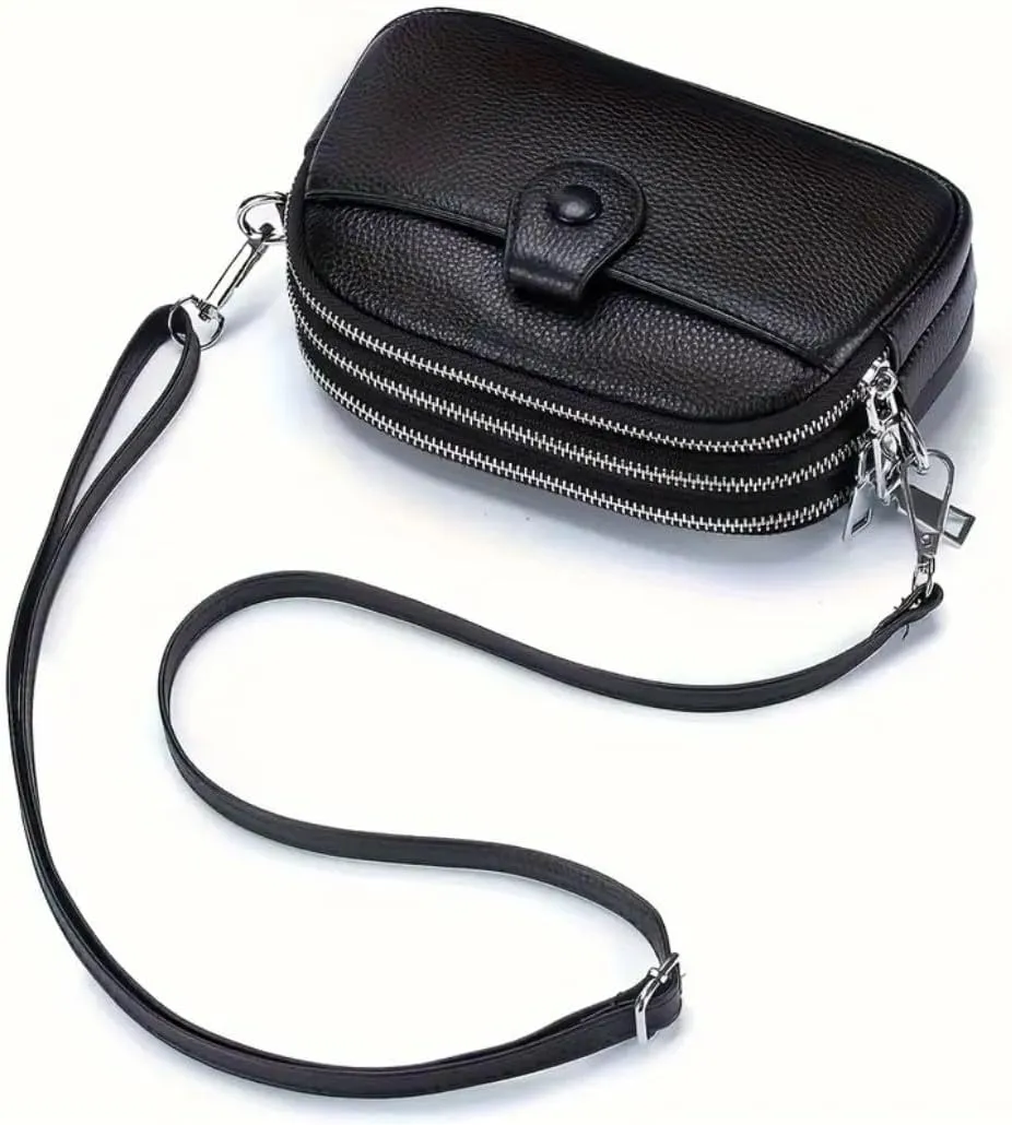 Women Small Genuine Real Leather Crossbody Shoulder Bag, 3 Zipped Compartments 1 Front Pocket
