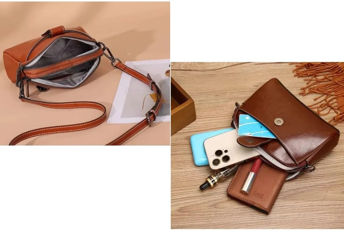 Women Small Genuine Top Grain Cow Leather Crossbody Shoulder Bag, 2 zipped compartments & front & Back Pockets HandBag