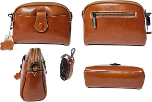 Women Small Genuine Top Grain Cow Leather Crossbody Shoulder Bag, 2 zipped compartments & front & Back Pockets HandBag