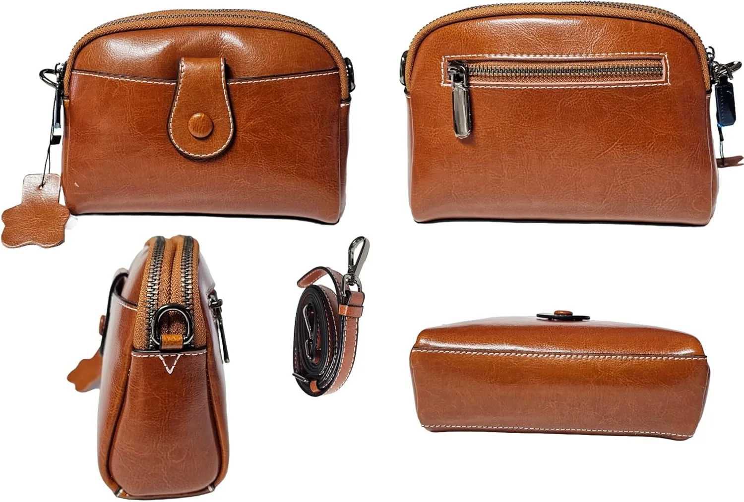 Women Small Genuine Top Grain Cow Leather Crossbody Shoulder Bag, 2 zipped compartments & front & Back Pockets HandBag