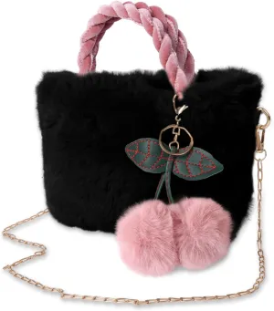 Women Tote Bag, Soft Plush Shoulder Bag Fluffy Tote Bag with Zipper Cute Handbag Crossbody Bag Plush Shopping Bag for Womens Girls (Black)