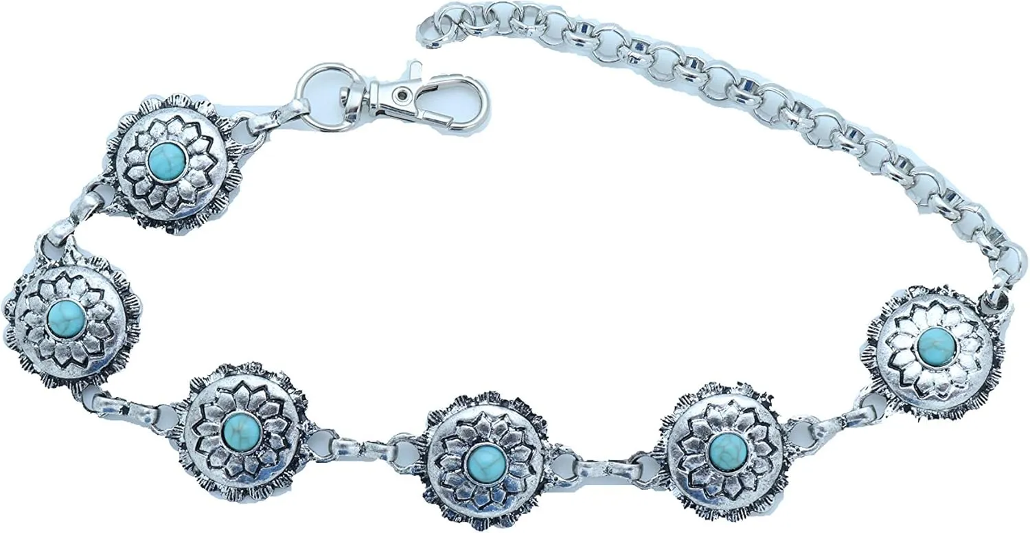 Women Western Fashion Jewelry Antique Metal Boot Chain Anklet Shoe Flower Charm Strap Turquoise Blue Bead