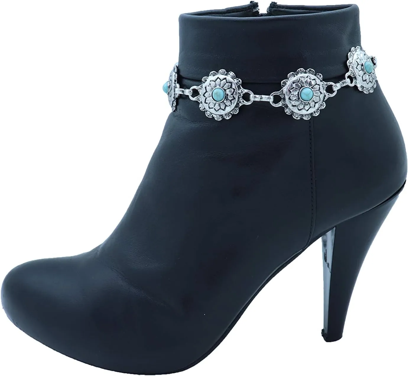 Women Western Fashion Jewelry Antique Metal Boot Chain Anklet Shoe Flower Charm Strap Turquoise Blue Bead