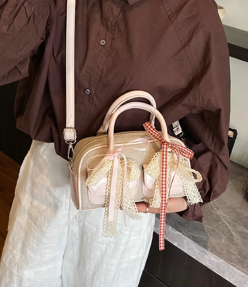 Women Woven Bag Bow Purse Y2k Ballet Hobo Purse Vintage Crossbody Bags Boston Handbags Trendy Satchel Sling Bag 2025 Fashion