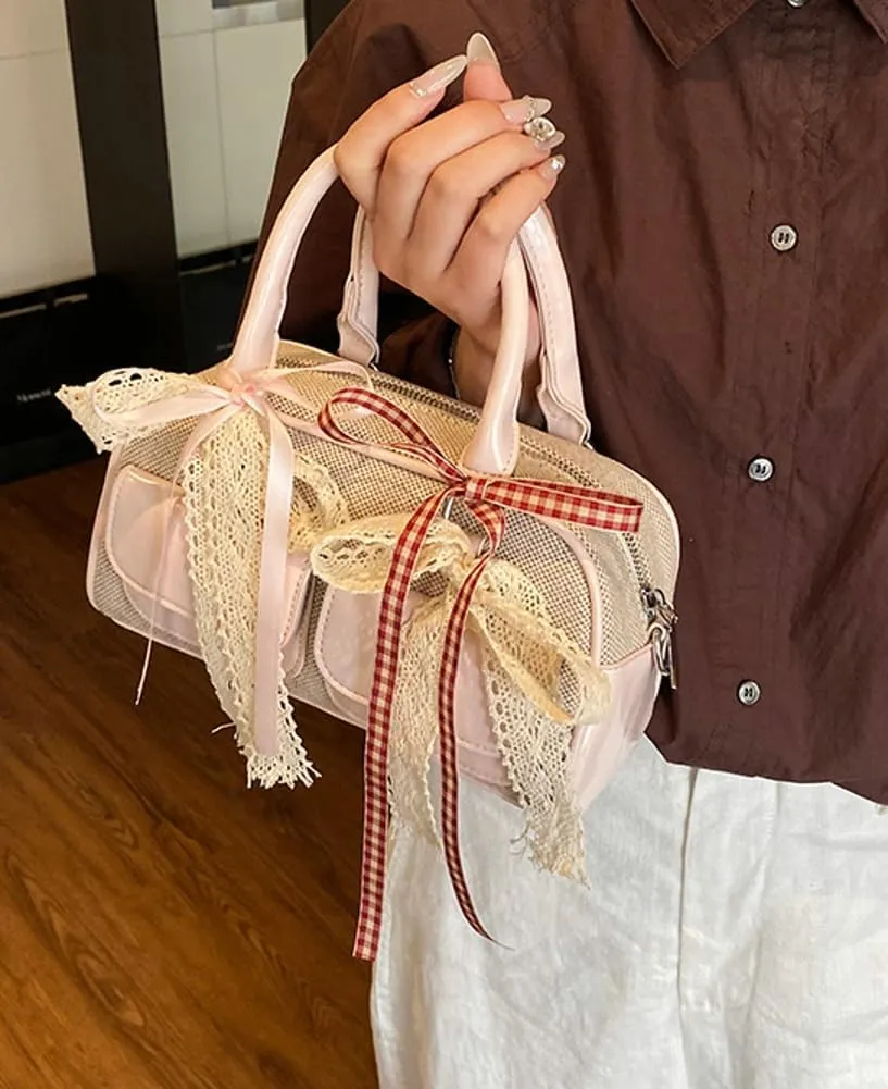 Women Woven Bag Bow Purse Y2k Ballet Hobo Purse Vintage Crossbody Bags Boston Handbags Trendy Satchel Sling Bag 2025 Fashion