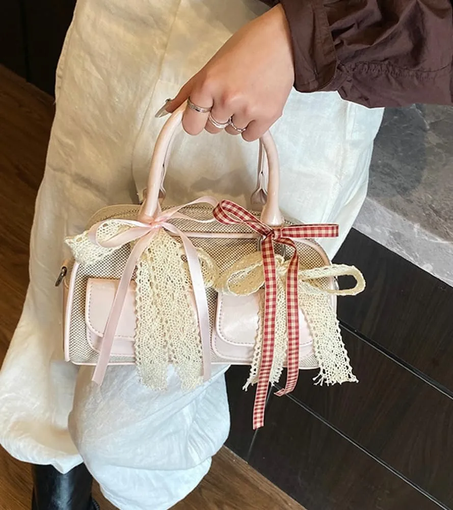 Women Woven Bag Bow Purse Y2k Ballet Hobo Purse Vintage Crossbody Bags Boston Handbags Trendy Satchel Sling Bag 2025 Fashion
