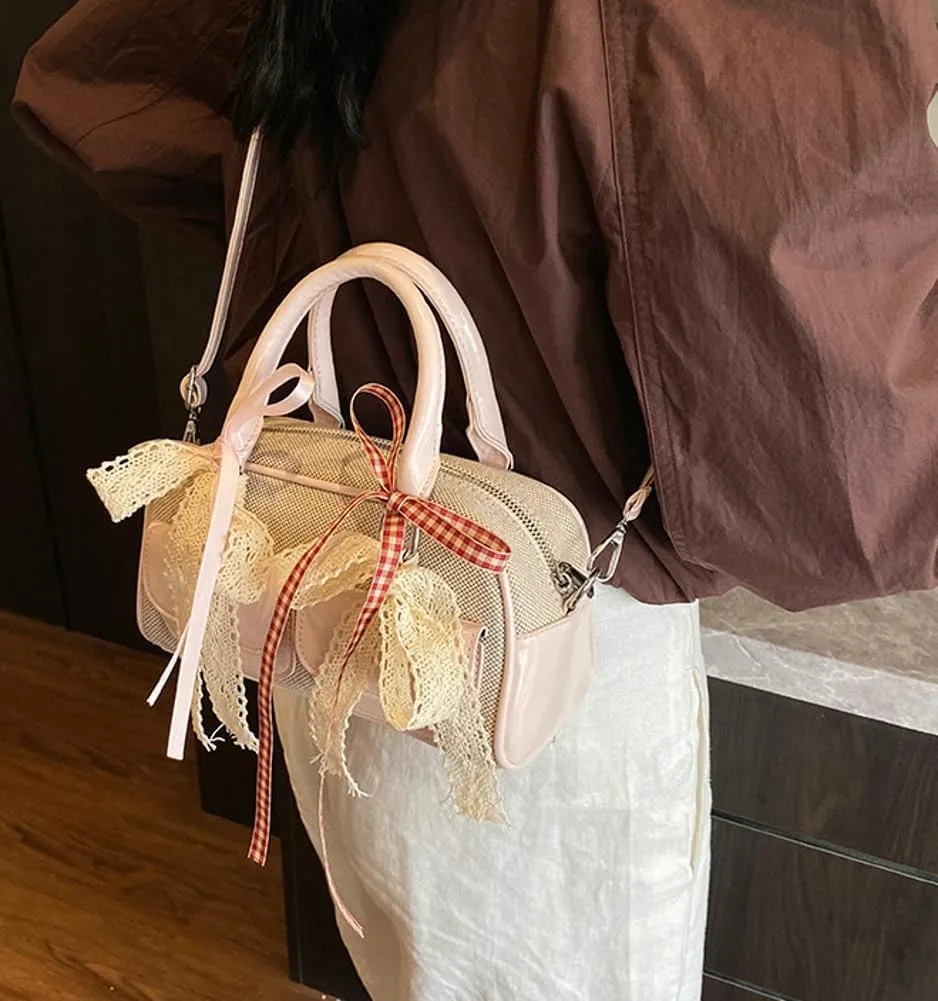 Women Woven Bag Bow Purse Y2k Ballet Hobo Purse Vintage Crossbody Bags Boston Handbags Trendy Satchel Sling Bag 2025 Fashion