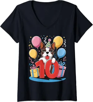 Womens 10th birthday boy girl 10 years old ten Boston Terrier V-Neck T-Shirt