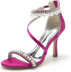 Women's Bridal Shoes Open Toe High Heel Ankle Strap Dress Shoes Casual Formal Wedding Party Pumps Sandals with Pearl