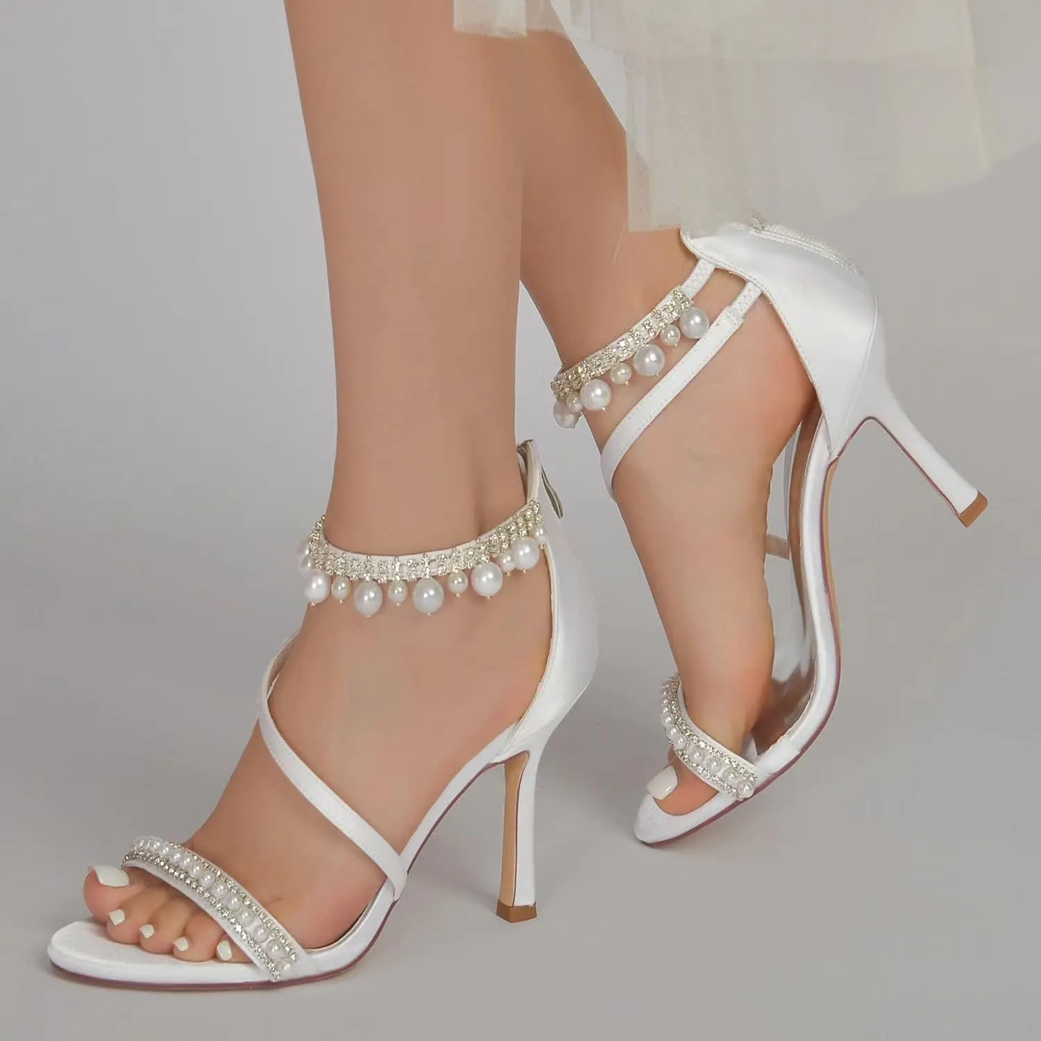 Women's Bridal Shoes Open Toe High Heel Ankle Strap Dress Shoes Casual Formal Wedding Party Pumps Sandals with Pearl
