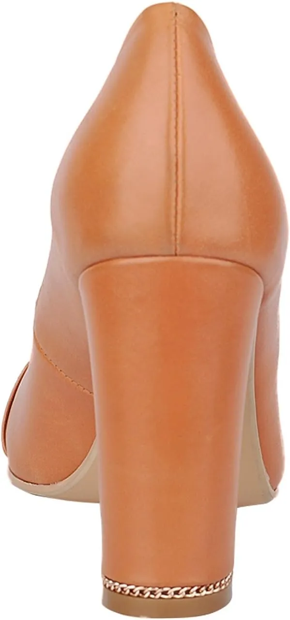 Women's Chunky Heel Ornament Decoration Genuine Leather Dress Pumps Shoes for Official Occasion