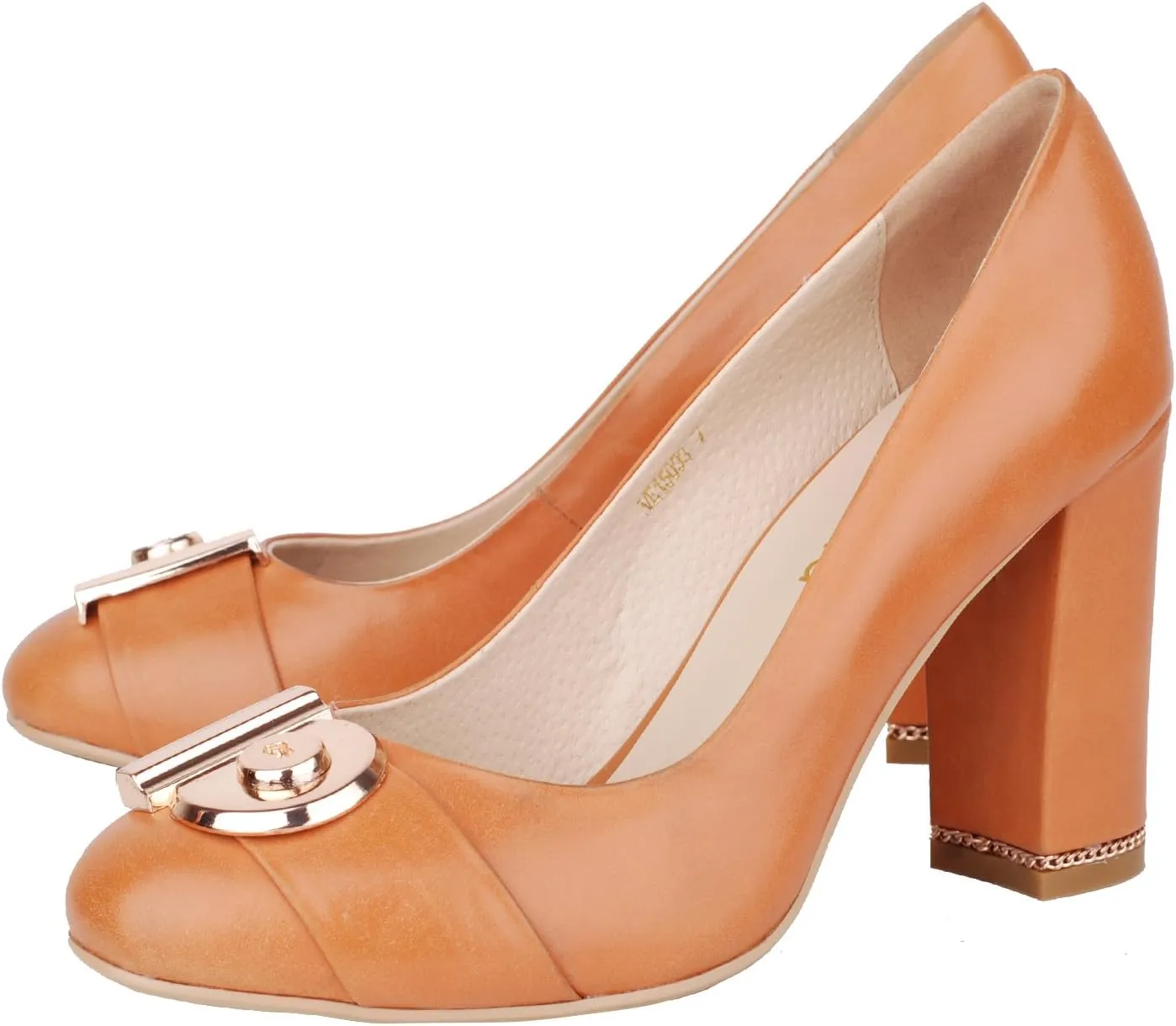 Women's Chunky Heel Ornament Decoration Genuine Leather Dress Pumps Shoes for Official Occasion